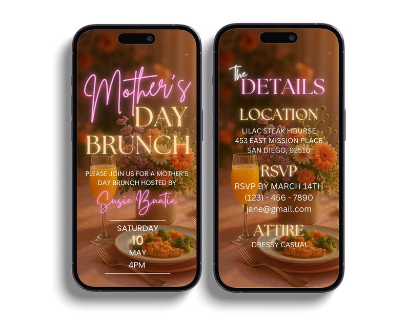 May include: A digital invitation for a Mother's Day brunch. The invitation features a pink neon sign that says "Mother's Day Brunch" and includes details about the event, such as the date, time, location, and RSVP information.