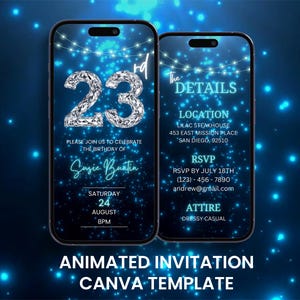23 Diamant-Blau-Geburtstags-Videoeinladung, animierte zwanzig Luxus-Evite von Dritten, bearbeitbare Reiseplanvorlage für digitale mobile Karten