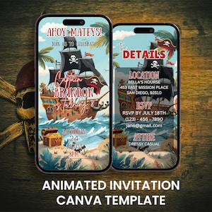 Puede incluir: Dos smartphones que muestran una invitación animada con temática pirata. El diseño presenta un barco pirata, un cofre del tesoro y una calavera con huesos cruzados. El texto incluye "Ahoy Mateys!" y detalles del evento. El fondo es de madera.
