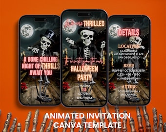 May include: Animated digital invitation for a Halloween party. The invitation features a skeleton in a top hat and tuxedo, with the text "A bone chilling night of thrills await you". The invitation also includes details about the party, such as the date, time, location, and RSVP information.
