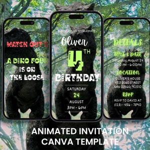 Dino vier Geburtstag Video Einladung, animierte vierte Geburtstagsfeier einladen, digitale Mobile Junge Mädchen Reiseverlauf Evite