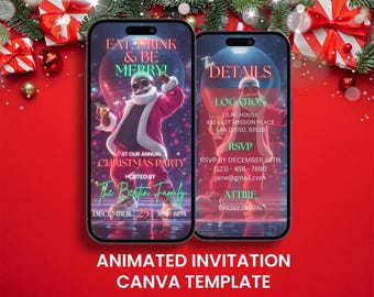 Invitación animada de video para fiesta navideña de Papá Noel afroamericano (Evite móvil)