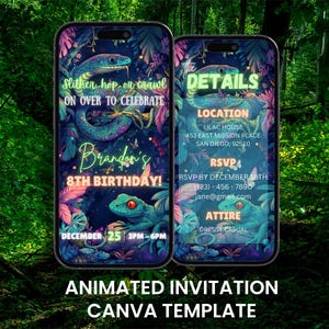 Inbjudan till reptilfödelsedagsvideo, animerad slingrande hoppande krypande, redigerbar mobilkortinbjudan, ormödla, barnfesttema, digitalt