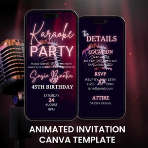 Invitación en vídeo de cumpleaños de fiesta de karaoke, celebración de canto de música animada Evite, invitación de itinerario de tarjeta móvil digital editable