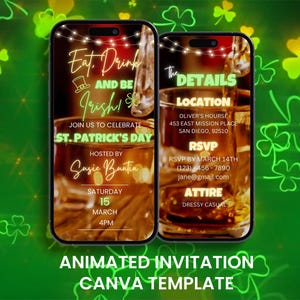 Eat Drink Be Irish video-uitnodiging, geanimeerde St. Patricks Irish Whiskey Shamrock Party Evite, bewerkbare digitale mobiele kaart uitnodigen