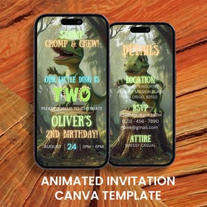 Invitación en video para el segundo cumpleaños de dinosaurio, fiesta animada de dinosaurios "Stomp Chomp and Chew" de Evite, tarjeta digital editable para móvil con itinerario.