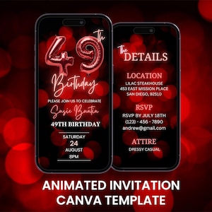 Faire-part d'anniversaire rouge pour 49e anniversaire, animation animée, néon, modèle d'itinéraire pour carte mobile numérique