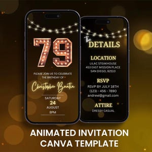 Faire-part d'anniversaire rustique 79e, animation soixante-dix-neuvième fête néon en bois Evite, modèle d'itinéraire de carte mobile numérique modifiable
