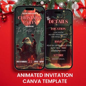 May include: Two smartphones displaying a Christmas party invitation. The invitation features Santa Claus holding wine glasses, with details including the date, time, location, and RSVP information. The background is red with Christmas decorations.