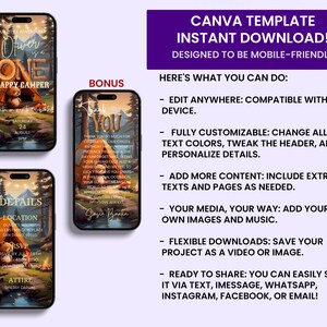 May include: A digital invitation for a first birthday party with a camping theme. The invitation features a cartoon bear wearing a hat and holding a birthday cake. The text on the invitation reads "Our Little Adventure is One" and "Happy Camper".