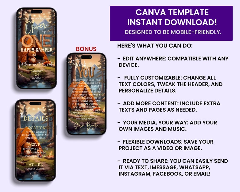 May include: A digital invitation for a first birthday party with a camping theme. The invitation features a cartoon bear wearing a hat and holding a birthday cake. The text on the invitation reads "Our Little Adventure is One" and "Happy Camper".