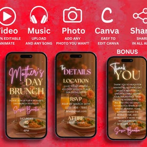 May include: A digital invitation for a Mother's Day brunch. The invitation features a pink neon sign that says "Mother's Day Brunch" and includes details about the event, such as the date, time, and location. The invitation also includes a thank you message from Susie Buntin.