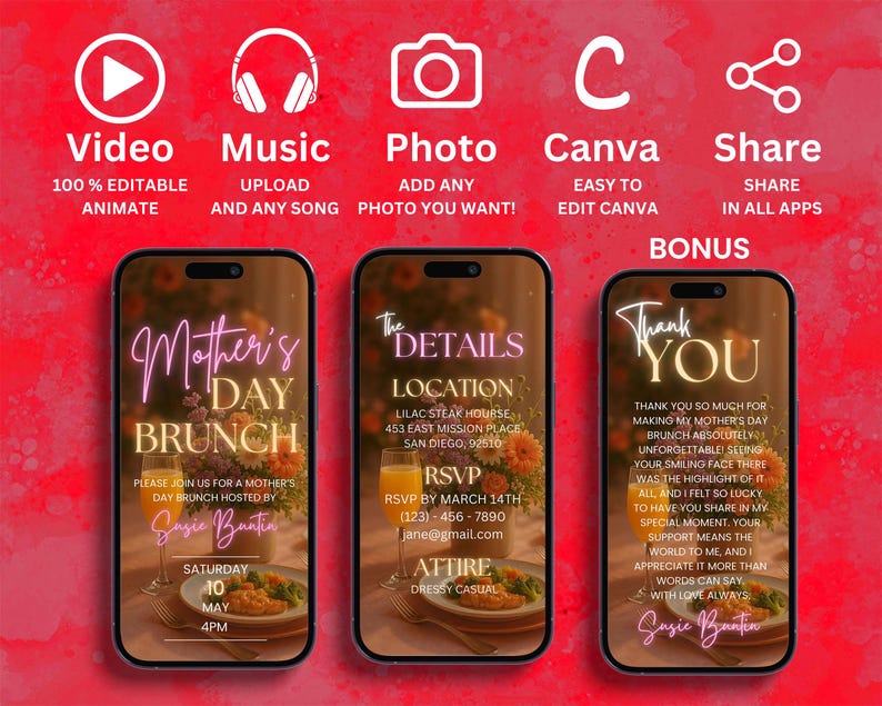 May include: A digital invitation for a Mother's Day brunch. The invitation features a pink neon sign that says "Mother's Day Brunch" and includes details about the event, such as the date, time, and location. The invitation also includes a thank you message from Susie Buntin.