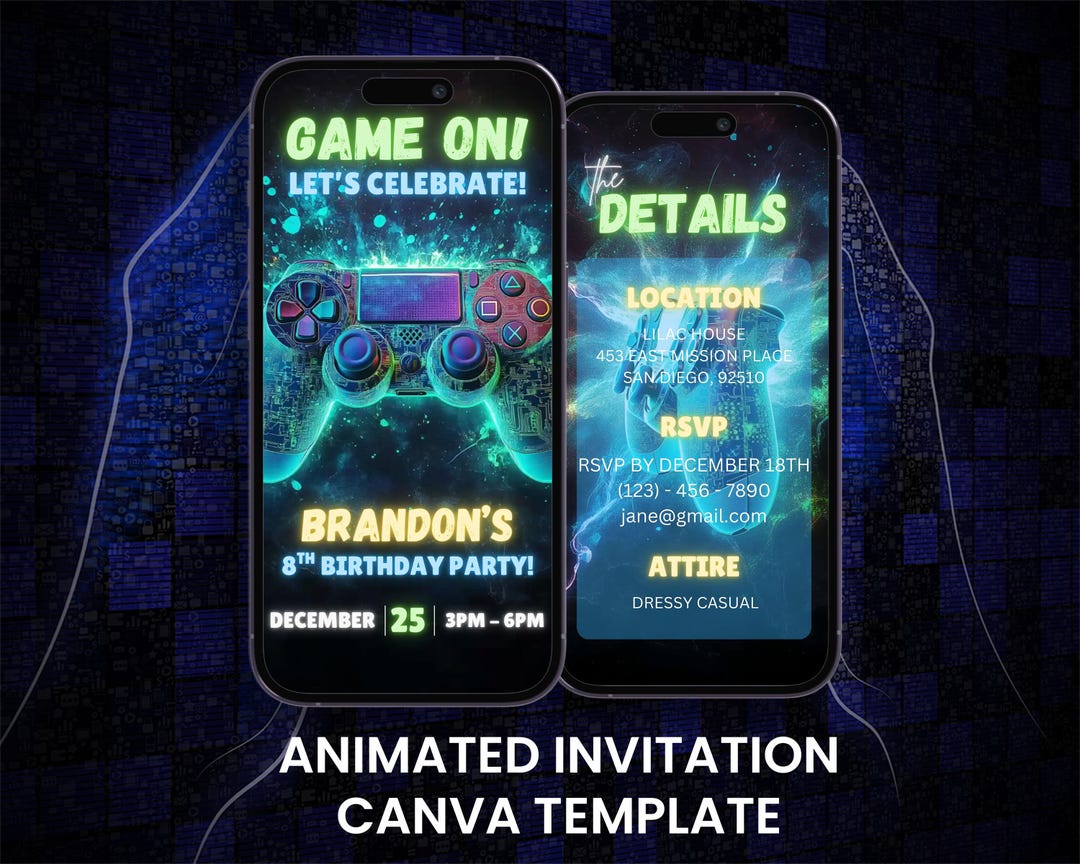 Video Game Birthday Invitation, Neon Controller, Animated Digital Evite ...