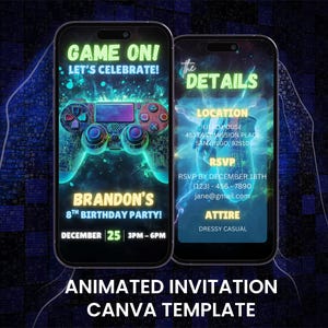 May include: Two smartphones displaying a video game-themed birthday party invitation. The left phone shows a controller graphic and the text "GAME ON!" and "BRANDON'S 8TH BIRTHDAY PARTY!". The right phone displays party details.