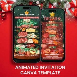 以下が含まれることがあります： 2つのスマートフォンには、クリスマスのパーティーへの招待状が表示されています。招待状には、「Bring your own board to share」と「Charcuterie Christmas Party」というテキストが入った、シャルキュトリーボードのデザインが施されています。背景は赤で、クリスマスの飾り付けがされています。