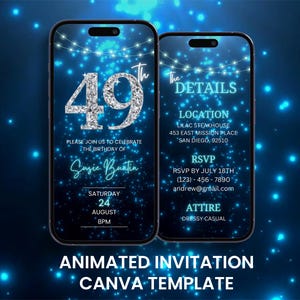 Invitation vidéo 49e anniversaire bleu losanges, invitation animée de luxe pour une fête foraine quarante-neuvième, modèle d'itinéraire modifiable pour carte mobile numérique