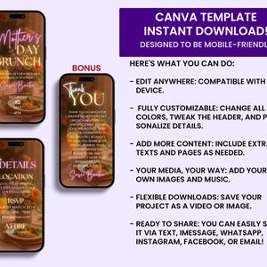 May include: A Canva template for a Mother's Day brunch invitation. The template is designed to be mobile-friendly and includes a pink neon sign that says "Mother's Day Brunch". The template also includes a thank you card with a pink neon sign that says "Thank You".