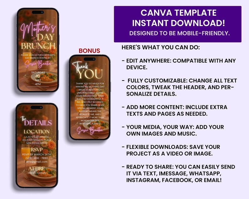 May include: A Canva template for a Mother's Day brunch invitation. The template is designed to be mobile-friendly and includes a pink neon sign that says "Mother's Day Brunch". The template also includes a thank you card with a pink neon sign that says "Thank You".