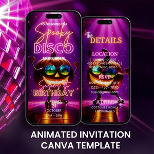 Faire-part vidéo d'anniversaire disco effrayant Halloween, animation soirée dansante citrouille néon phosphorescente, invitation carte mobile numérique modifiable