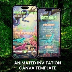 Puede incluir: Plantilla de invitación de cumpleaños animada en la pantalla de un teléfono inteligente. El diseño presenta una colorida ilustración de una serpiente, lagartos y una rana. La invitación incluye los detalles del evento y el texto "Slither, hop, or crawl on over to celebrate."