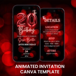Convite para 20º aniversário vermelho, balão de festa animado para 20 anos neon evite, modelo de itinerário de cartão digital editável para celular