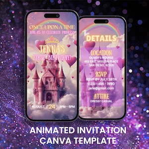 Prinzessin 1st Birthday Videoeinladung, animierte Es war einmal erste Geburtstagsfeier Schloss Evite, bearbeitbare digitale Handykarte einladen