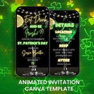 Eat Drink Be Irish video-uitnodiging, geanimeerde St. Patricks Cocktail Shamrock Party Evite, bewerkbare digitale mobiele kaart uitnodigen