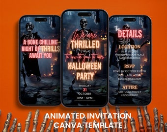 May include: Animated Halloween party invitation with a skeleton graphic and neon text. The text reads "A bone chilling night of thrills await you", "We are thrilled to invite you to our Halloween party", "Thursday, October 31, 8pm-10pm", "The Details", "Location: Lilac House, 453 East Mission Place, San Diego, 92510", "RSVP by October 28th, (128)-456-7890, susie@gmail.com", "Attire: Costumes highly encouraged".