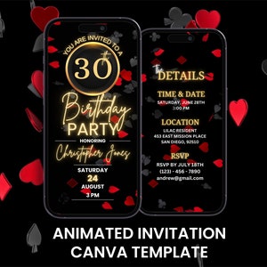 Invitación en vídeo de cumpleaños del casino, Noche de póquer animada Naipes Evite, Invitación de itinerario de tarjeta móvil digital editable