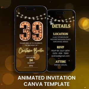 Faire-part d'anniversaire rustique 39e, animation 39e anniversaire néon en bois, modèle d'itinéraire de carte mobile numérique modifiable