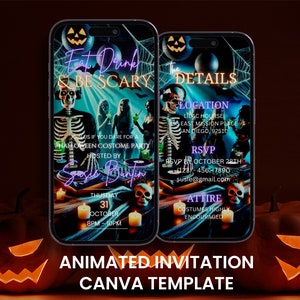 Convite de vídeo de Halloween para comer, beber e ser assustador, festa discoteca de fantasia adulta animada, convite de cartão digital editável para celular