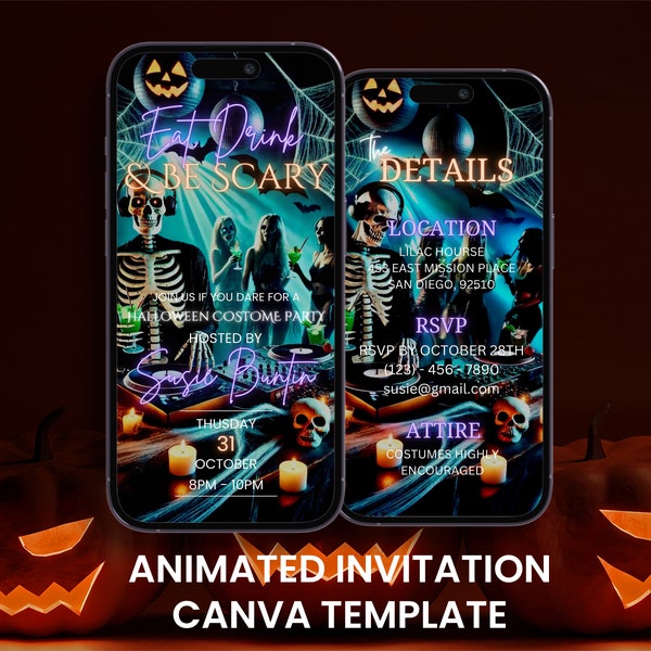 Invito animato per festa in costume di Halloween: invito scheletro discoteca (digitale)