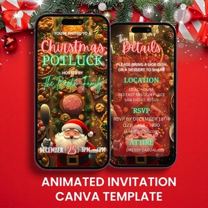 以下が含まれることがあります： スマートフォン画面に表示された、アニメーション化されたクリスマスのポットラック招待状テンプレート。招待状にはサンタクロースのイラストとポットラックの詳細が含まれています。背景は赤色で、クリスマスの装飾が施されています。