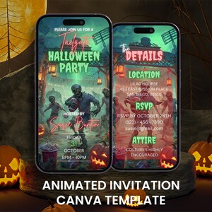 May include: Two smartphones display a Halloween party invitation. The design features zombies, pumpkins, and the text "Tailgate Halloween Party." The invitation includes event details and RSVP information. The bottom text reads "Animated Invitation Canva Template."