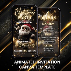 Könnte beinhalten: Animierte Weihnachtsparty-Einladungsvorlage auf einem Smartphone-Bildschirm. Das Design zeigt einen Cartoon-Weihnachtsmann mit Sonnenbrille, der einen Cocktail hält. Goldener Text und Akzente auf schwarzem Hintergrund. Party-Details enthalten.
