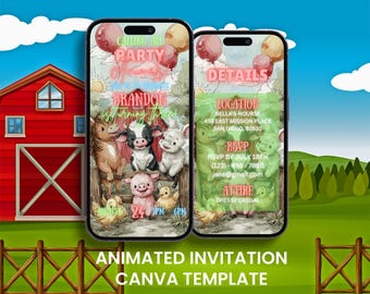 Geanimeerde boerderijverjaardagsuitnodiging: boerenerfdieren, bewerkbare Evite (digitale download)