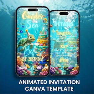 Puede incluir: Dos teléfonos inteligentes que muestran una plantilla de invitación de cumpleaños con temática submarina. Las pantallas presentan una tortuga marina con un gorro de fiesta, un pastel de varios niveles, arrecifes de coral y el texto Oneder the Sea.