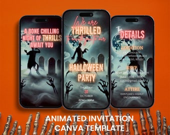 May include: Three smartphones display a Halloween party invitation against an orange background. The invitations feature spooky graphics, including zombies, tombstones, and skeletal hands. Text includes party details and RSVP information.