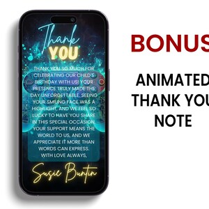 Puede incluir: Un tel&eacute;fono inteligente muestra una nota de agradecimiento digital con las palabras "Thank You" en una fuente de escritura. La nota expresa gratitud por celebrar el cumplea&ntilde;os de un ni&ntilde;o. La imagen tambi&eacute;n incluye el texto "BONUS ANIMATED THANK YOU NOTE."