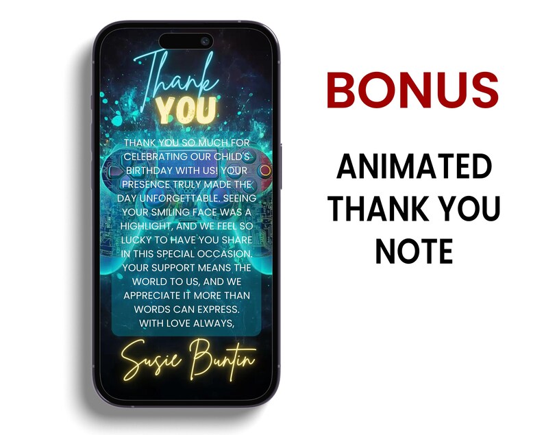 Puede incluir: Un tel&eacute;fono inteligente muestra una nota de agradecimiento digital con las palabras "Thank You" en una fuente de escritura. La nota expresa gratitud por celebrar el cumplea&ntilde;os de un ni&ntilde;o. La imagen tambi&eacute;n incluye el texto "BONUS ANIMATED THANK YOU NOTE."