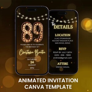Faire-part d'anniversaire rustique 89e, quatre-vingt-dix-septième fête animée néon en bois Evite, modèle d'itinéraire de carte mobile numérique modifiable