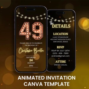 Faire-part d'anniversaire rustique pour 49 ans, animation anniversaire quarante-neuf au néon en bois, modèle d'itinéraire de carte mobile numérique modifiable