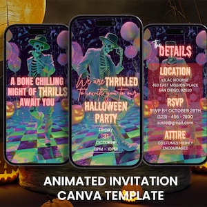 May include: Three smartphones display a Halloween party invitation. The design features a skeleton in a suit, pumpkins, and the text "A Bone Chilling Night of Thrills Await You." The invitation includes event details and RSVP information.