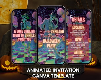 Op de afbeelding: Drie smartphones tonen een Halloween-feestuitnodiging. Het ontwerp toont een skelet in een pak, pompoenen en de tekst "A Bone Chilling Night of Thrills Await You." De uitnodiging bevat evenementdetails en RSVP-informatie.