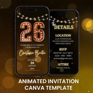 Convite rústico de 26º aniversário, festa animada de 26 anos em madeira neon Evite, modelo de itinerário de cartão digital editável para celular