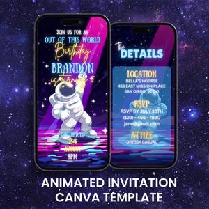 May include: Animated invitation template on a smartphone screen. The design features an astronaut illustration, event details, and the text "Out of this World Birthday" for Brandon. The invitation includes date, time, location, RSVP, and attire information.