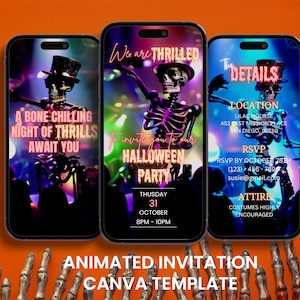 May include: Animated Halloween party invitation template for Canva. The invitation features a skeleton in a top hat and a neon pink and purple color scheme. The text reads "We are thrilled to invite you to our Halloween party" and includes the date, time, location, RSVP information, and attire details.