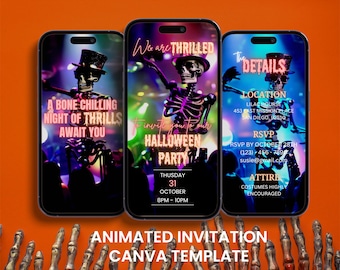Invitación en video para fiesta de Halloween con esqueleto bailarín: Fiesta disco animada de Evite (digital)
