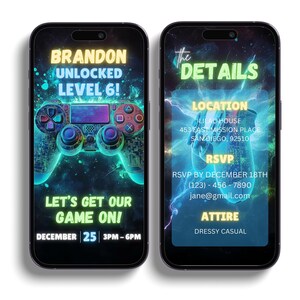 Puede incluir: Dos smartphones que muestran una invitaci&oacute;n digital. El tel&eacute;fono de la izquierda muestra un gr&aacute;fico de un mando de videojuegos con el texto "BRANDON UNLOCKED LEVEL 6!" y "LET'S GET OUR GAME ON!". El tel&eacute;fono de la derecha muestra los detalles del evento.